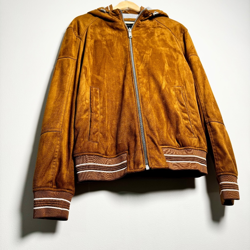 Zara Men's Faux Suede Brown Varsity Bomber Jacket w Hoodie Sz Medium - Picture 4 of 11